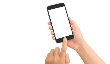 Hand holding smartphone device touching screen