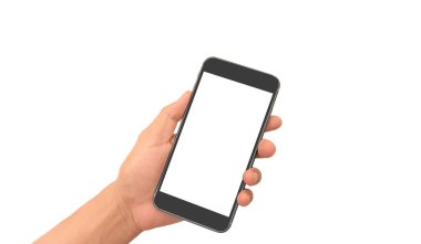 Hand holding smartphone device touching screen