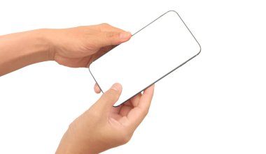 Hand holding smartphone device touching screen