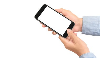 Hand holding smartphone device touching screen