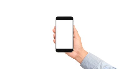 Hand holding smartphone device touching screen