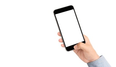 Hand holding smartphone device touching screen