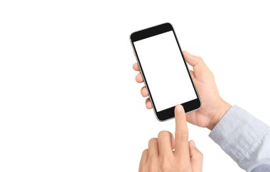 Hand holding smartphone device touching screen