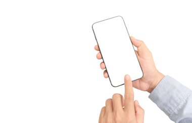 Hand holding smartphone device touching screen