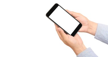 Hand holding smartphone device touching screen