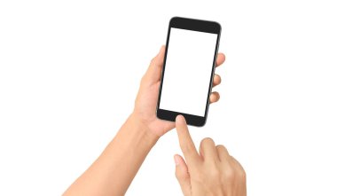Hand holding smartphone device touching screen