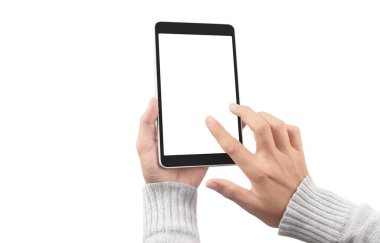 Ellerinde tablet, dokunmatik bilgisayar aleti var.