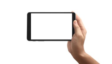 Ellerinde tablet, dokunmatik bilgisayar aleti var.