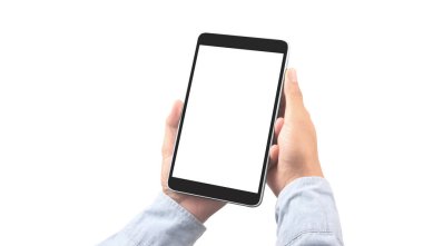 Ellerinde tablet, dokunmatik bilgisayar aleti var.