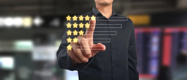 Hand Pressing Five Star Visual Screen Customer Review Good Rating — Stock Photo, Image
