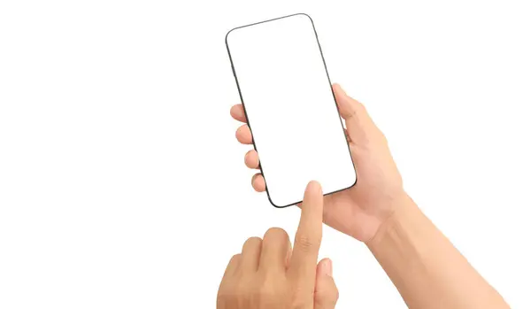 Hand Holding Smartphone Device Touching Screen Stockbild