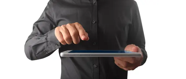 Hände Halten Tablet Touch Computer Gadget Stockbild