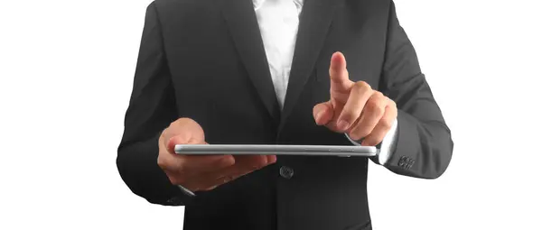Mãos Segurando Tablet Toque Dispositivo Computador Imagem De Stock