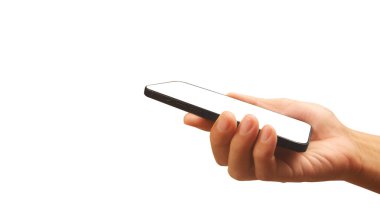 Hand holding smartphone device touching screen