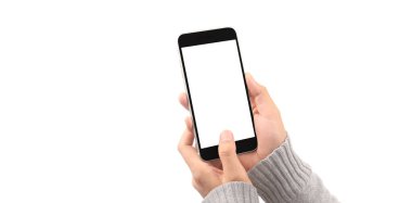 Hand holding smartphone device touching screen