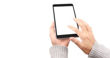 Hand holding smartphone device touching screen