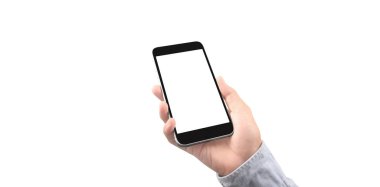 Hand holding smartphone device touching screen