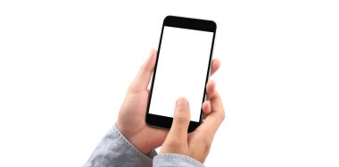 Hand holding smartphone device touching screen