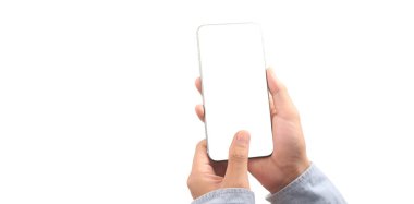 Hand holding smartphone device touching screen