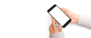 Hand holding smartphone device touching screen