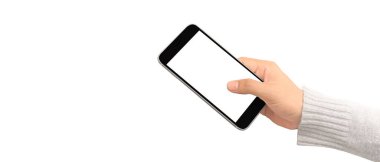Hand holding smartphone device touching screen