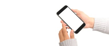 Hand holding smartphone device touching screen