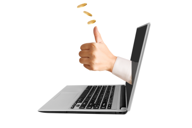 Dijital iş başarısının sembolik bir temsili. Başparmaklar yukarı, madeni paralar ise pozitif büyüme ve pozitiflik gösteriyor..