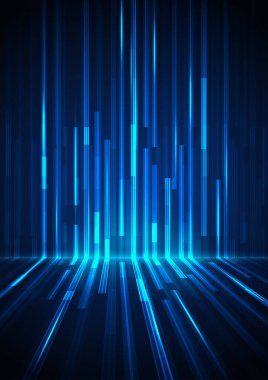 Parlak mavi bir ışık aşağıya doğru hareket ediyor. Parlak neon parçacıkları. Fütürist bilgi akışı. Veri transferi. Dijital teknoloji konsepti. vektör illüstrasyonu