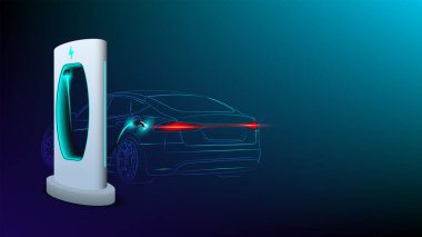 Şarj istasyonunda elektrikli araba. Soyut Elektrik Şarj EV Temiz Enerji Alternatif Enerji Elektrik Şarj Konsepti. Elektronik araç güç istasyonu. Vektör illüstrasyonu.