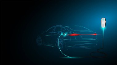Şarj istasyonunda elektrikli araba. Soyut Elektrik Şarj EV Temiz Enerji Alternatif Enerji Elektrik Şarj Konsepti. Elektronik araç güç istasyonu. Vektör illüstrasyonu.