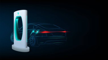 Şarj istasyonunda elektrikli araba. Soyut Elektrik Şarj EV Temiz Enerji Alternatif Enerji Elektrik Şarj Konsepti. Elektronik araç güç istasyonu. Vektör illüstrasyonu.