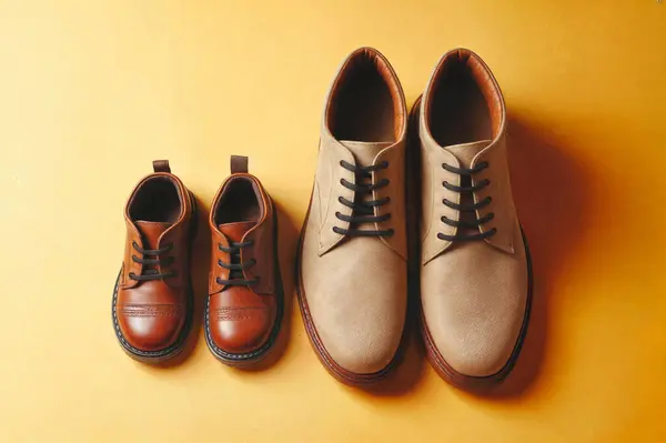 stock image Matching pair of adult and child leather shoes on yellow background, symbolizing father-son relationship and family bonding