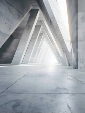 Büyüleyici bir minimalist mimari iç mimari iç mimari. Sert beton duvarları olan uzun bir koridor. Geometrik desenler ve çarpıcı ışıklandırma fütüristik ve zarif bir atmosfer yaratıyor. 