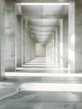 Geniş ve sakin bir mimari koridor, en az beton duvarlar simetrik ışıklandırma ve büyüleyici bir yok oluş noktası bakış açısı. 