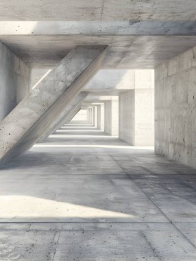 Simetrik çizgileri olan minimalist beton mimari koridor gölgeler ve geniş fütüristik estetik. 