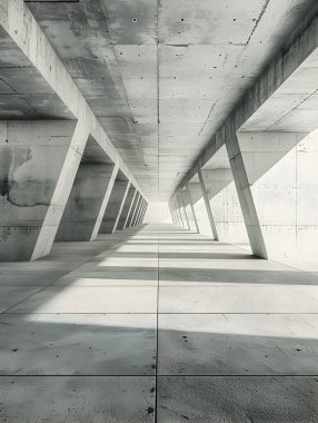 Minimalist ve modern mimari iç tasarımı simetrik beton koridor öncü çizgileri ve dramatik bir yok oluş noktası perspektifi ile resim temiz 