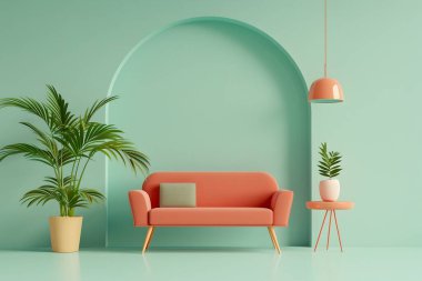 Modern Retro Medium Minimalist Parlak ve Konforlu Oturma Odasının Tam Çekimi Mercan Kanalı, Yeşil Bitkiler ve Architectural Elements ile İç Tasarım