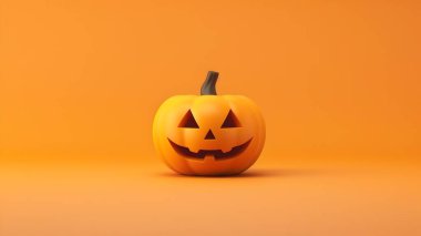 Neşeli ve Şekillendirilmiş Cadılar Bayramı Balkabağı Canlı Portakal Arkaplanı, Basit 3D Yapılandırma ve Film Posteri veya Mevsimsel Dekoratif Tasarım İçin Uygun Temiz Minimalist Kompozisyon