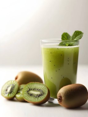 Canlı yeşil smoothie taze kivi dilimleri, sağlıklı malzemeler ve hafif arka planda bir bardakta servis edilir. Smoothie besleyici ve ferahlatıcı.