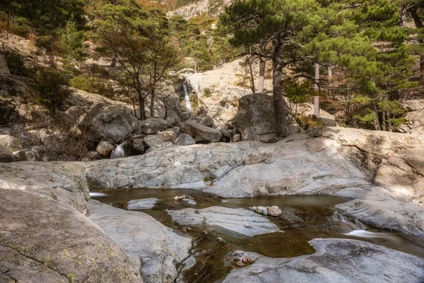 沿着科西嘉岛的Gr20小径 Anglais瀑布落在Vizzavona的自然水池中 — 图库照片