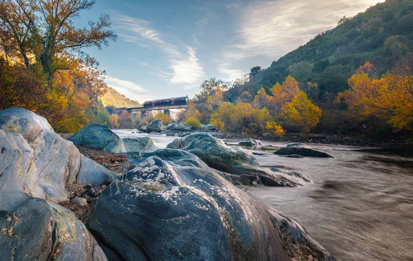 科西嘉岛Barchcetta附近的Torrent Cipetto 一列火车穿过Golo河的阿尔巴诺桥 桥两旁是秋天的树木和巨石 — 图库照片