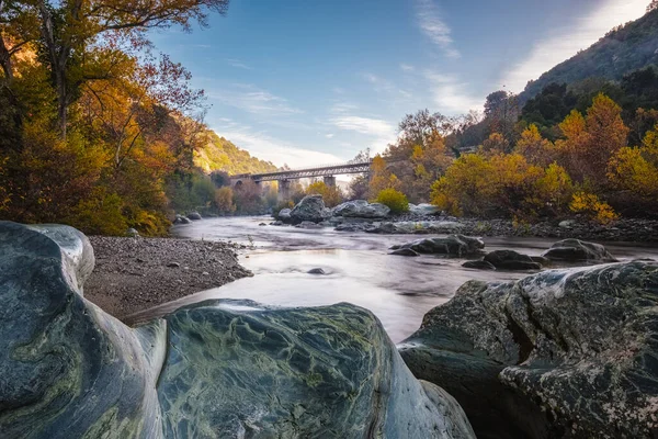 Autumn Foliage Boulders Golo River Passes Pont Albano Railway Bridge — Stock Photo, Image