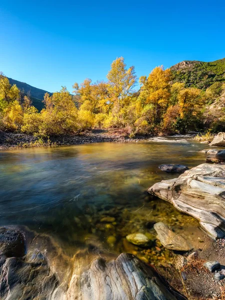 Autumn Foliage Dramatic Boulders Golo River Torrent Cipetto Barchetta Corsica — Stock Photo, Image