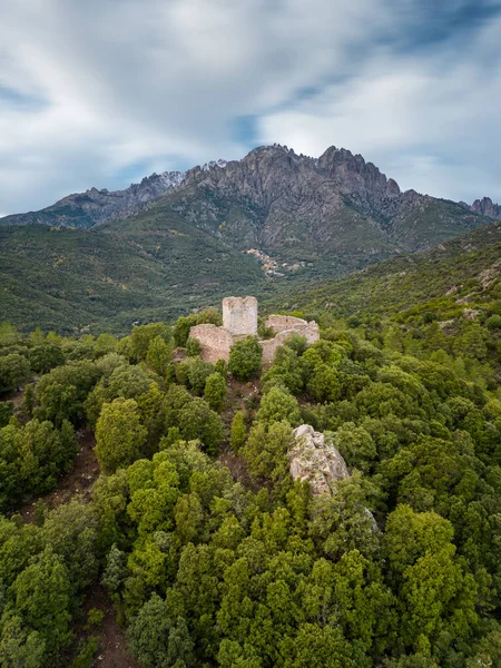 Aerial view of the ruins of Castellu di Seravalle in Corsica, a military fortress built in the 11th century on a hilltop with the village of Popolasca iwith les Aiguilles de Popolasca in the distance