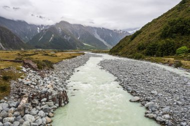 Hooker River flowing towards the Tasman River near Mount Cook in the South Island of New Zealand with snow capped mountains in the background