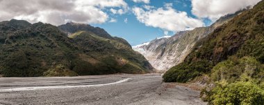 Panoramic view of the alluvial bed of the Waiho River flowing from the Franz Josef Glacier and snow capped mountains in New Zealand
