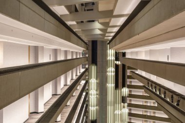 San Francisco, USA - December 30th 2022: Lift pods travelling up and down the central atrium at the Hyatt Regency Hotel at Embarcardo in San Francisco, USA