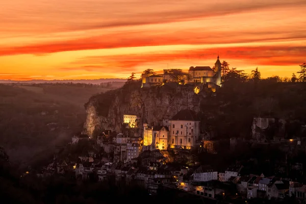 Sun setting over the medieval city of Rocamadour in the Lot region of France