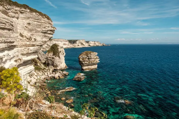 stock image The limestones cliffs and stacks on the Mediterranean coast at Bonifacio on the island of Corsica