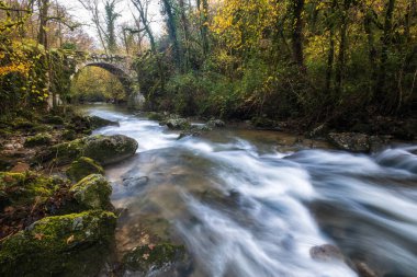 The Alzou river passes under an old stone bridge through a forest of autumn colours near Grammat in the Lot region of France clipart